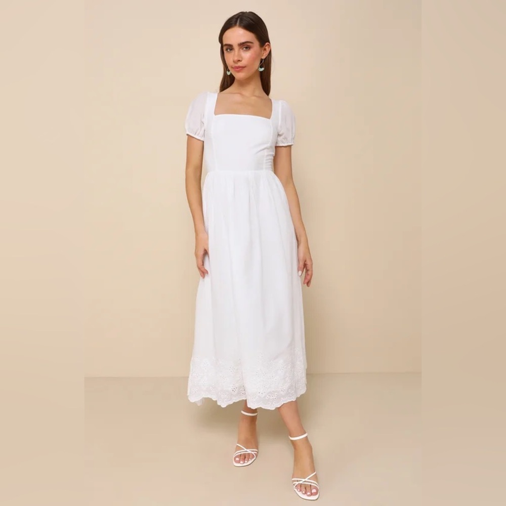 NWT! Lulus Stylish Merriment White Puff Sleeve Embroidered Midi Dress